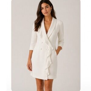 Adrianna Papell Ruffle Double Breasted Blazer TUXEDO Dress WOMEN 12 White